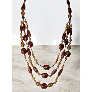 Vintage Amber Color Shimmer Glass Bead Gold Tone 3 Strand Necklace 24"